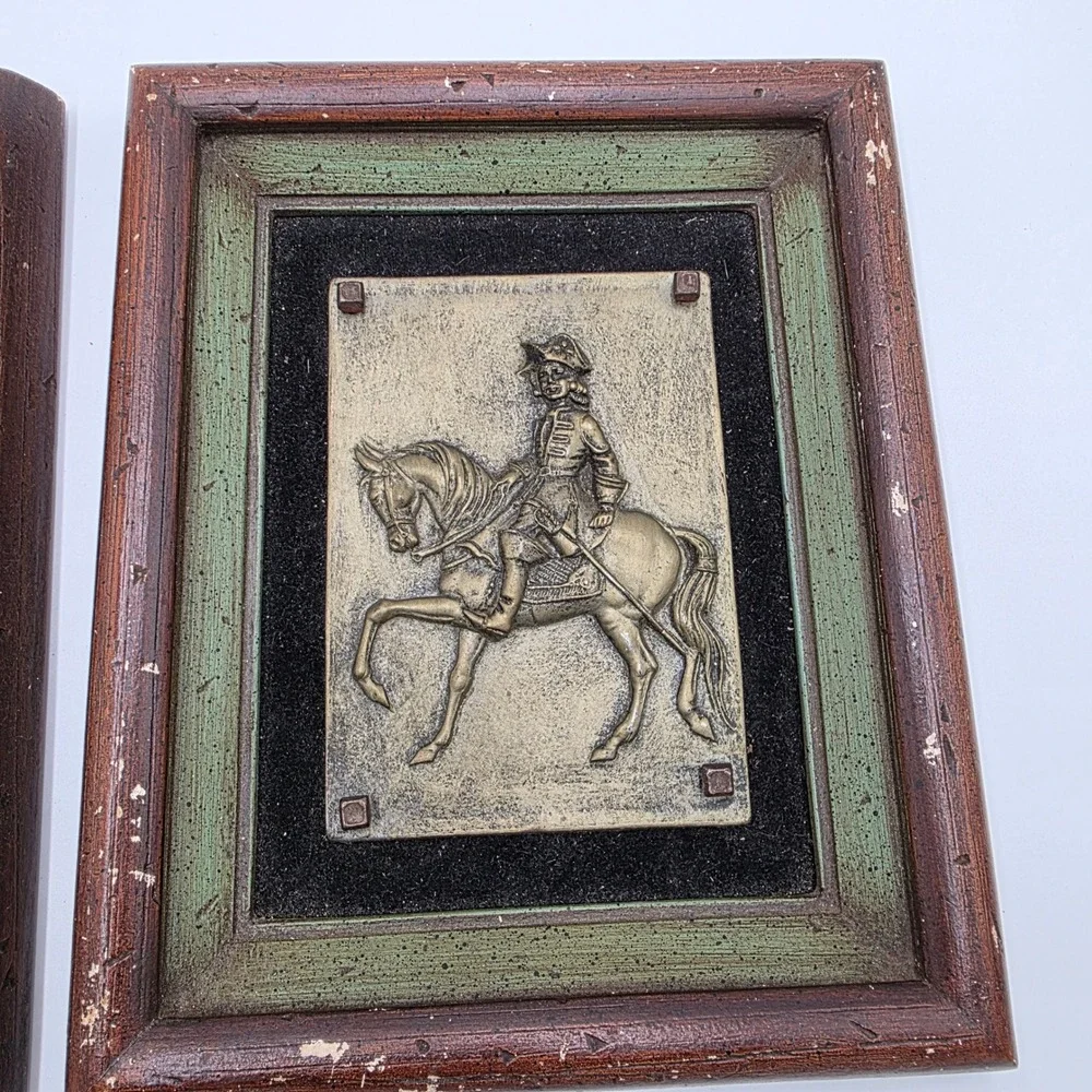 Vintage B&S Creations Brass Relief Cavalry Horseback Soldier Wall Art Pair 4686